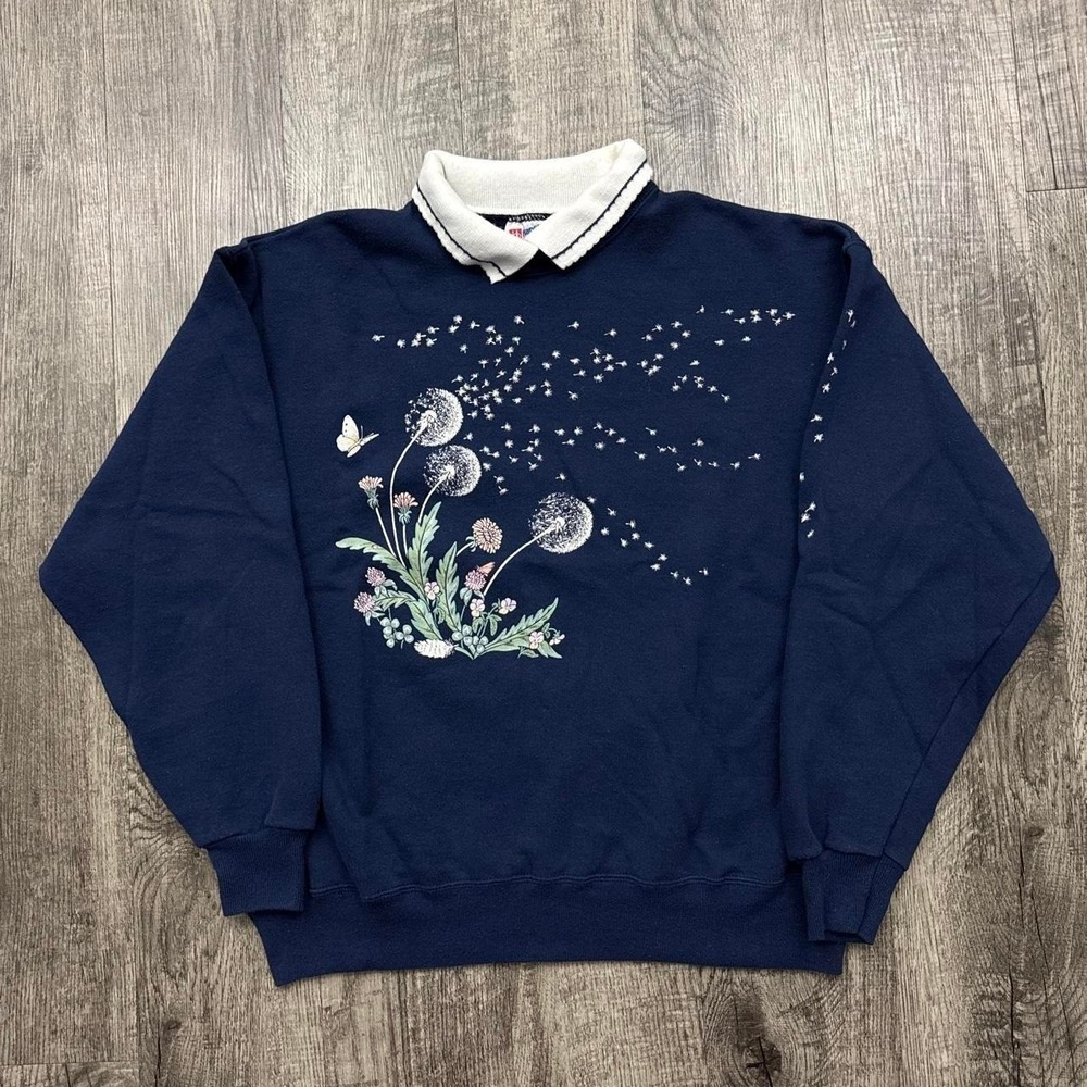Vintage Dandelion Floral Butterfly Nature Collared Grandma Granny Sweatshirt L